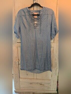 NWT Philosophy Tencel Lace-Up Chambray Dress Medium Raindrop Print